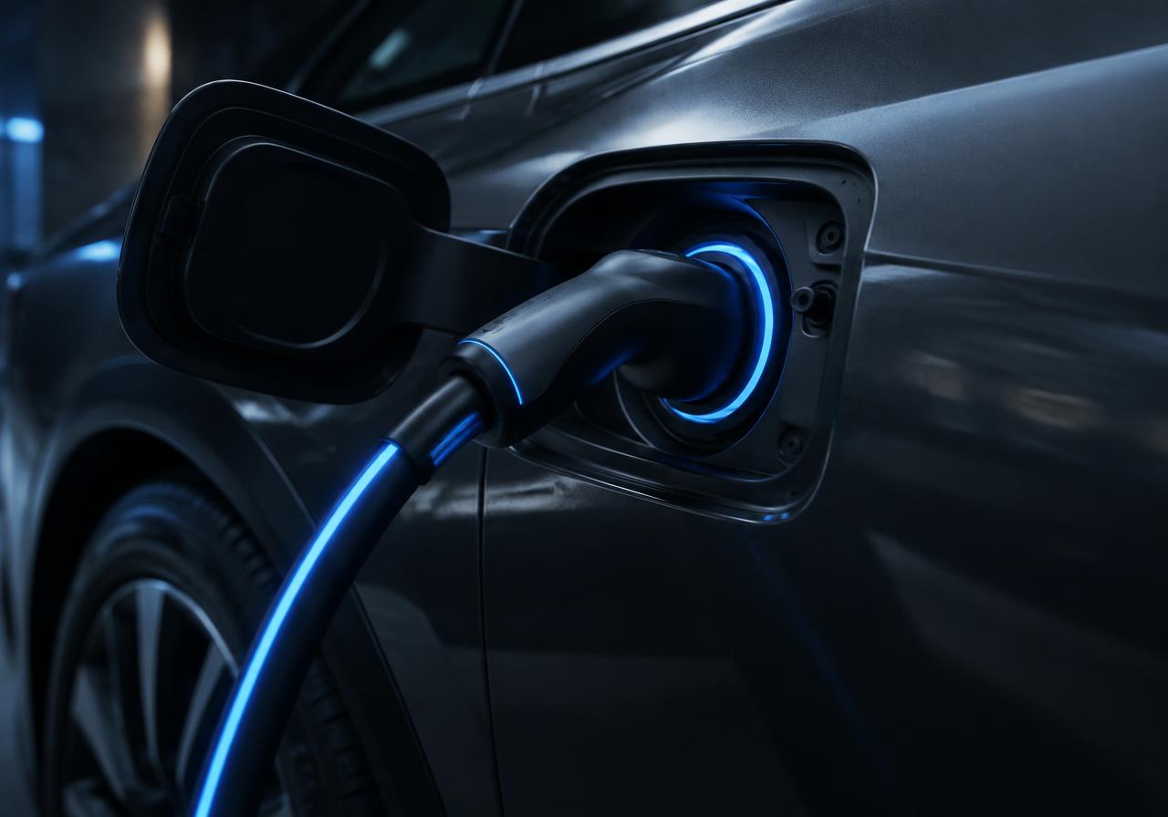 Detalhe de um carro elétrico em recarga