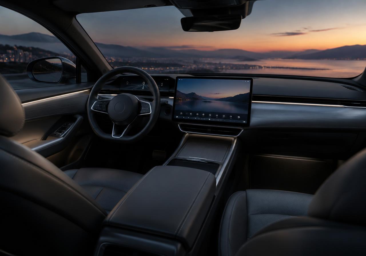 Interior de um carro moderno com central multimídia